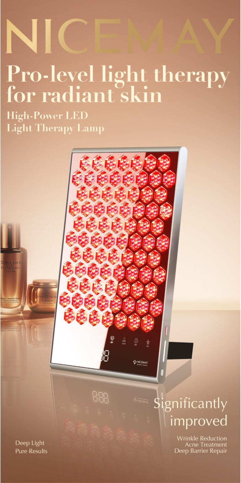 NICEMAY high-power LED light therapy lamp with a rectangular red LED panel and touch-control display.