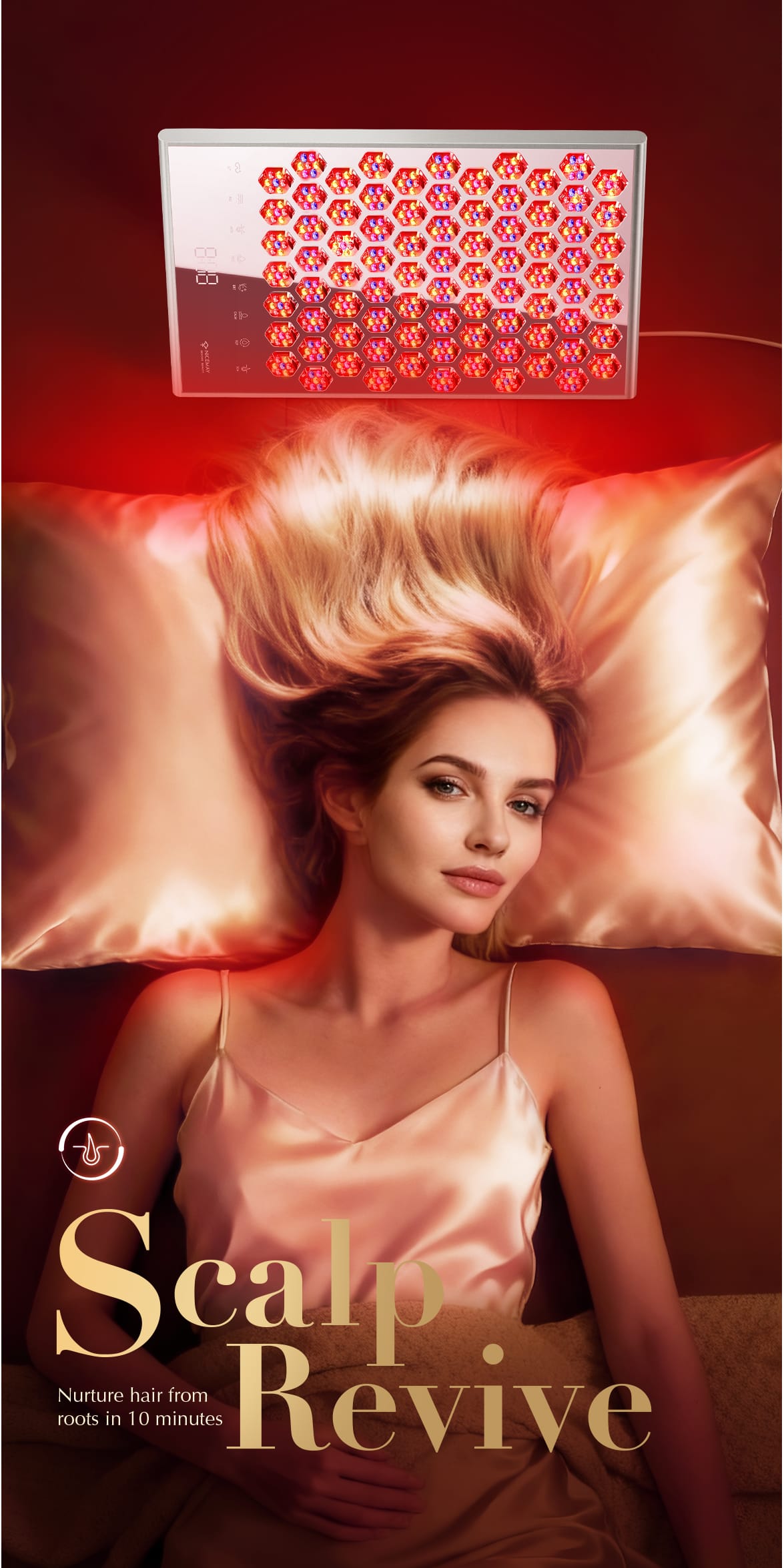 NICEMAY LED light panel shown above a reclining user in a scalp-care themed routine.
