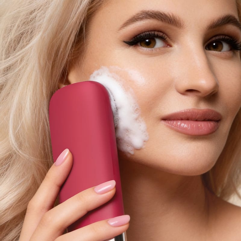 Woman using Nicemay pink facial cleansing brush with foam for skincare routine.