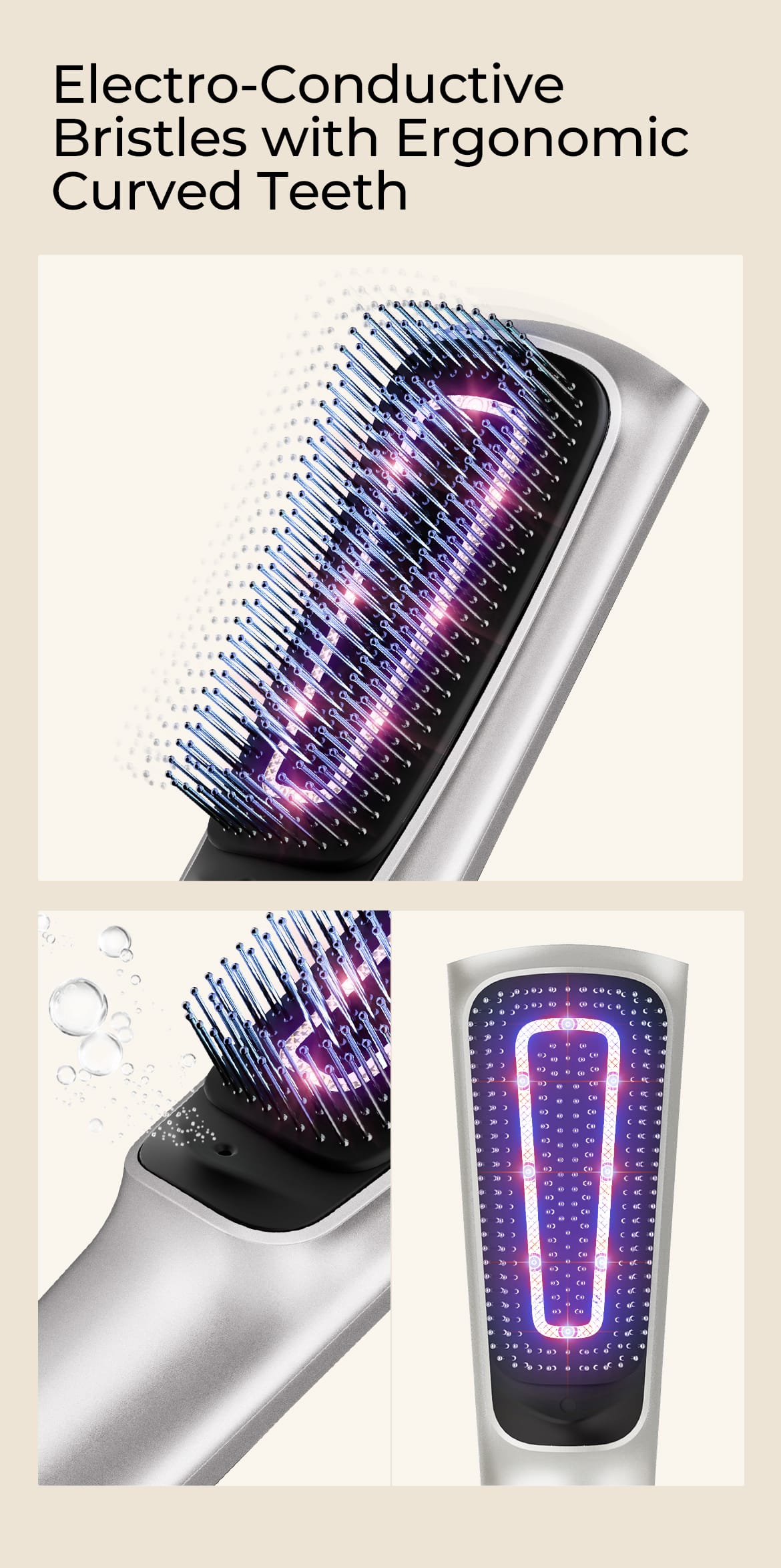Close-up of NICEMAY MF-2611 electro-conductive bristles and curved comb teeth.