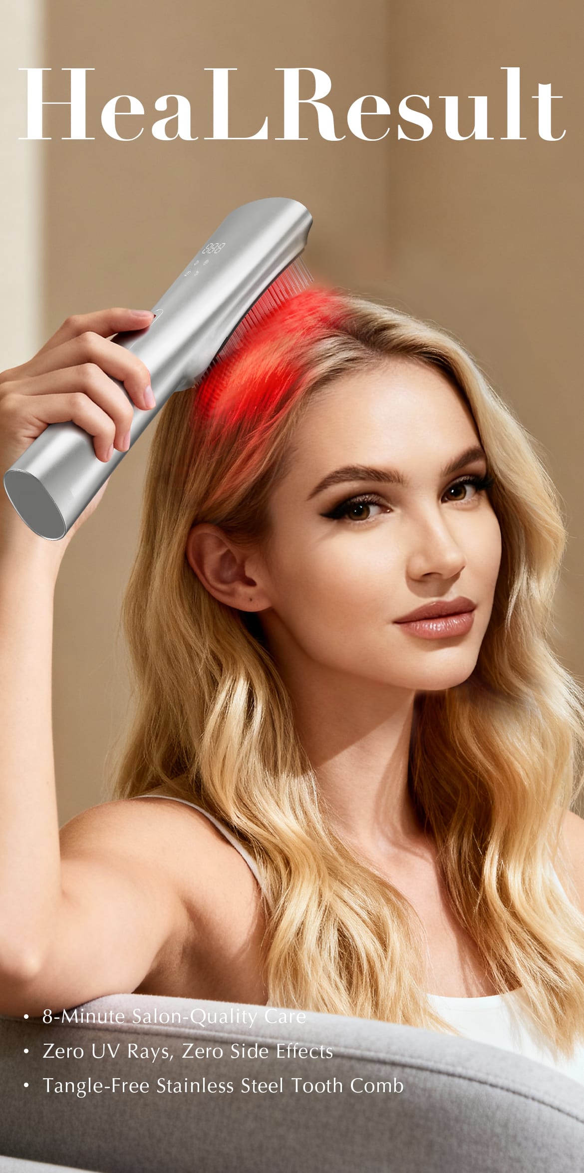 Woman using the NICEMAY MF-2611 red light scalp care comb at home.