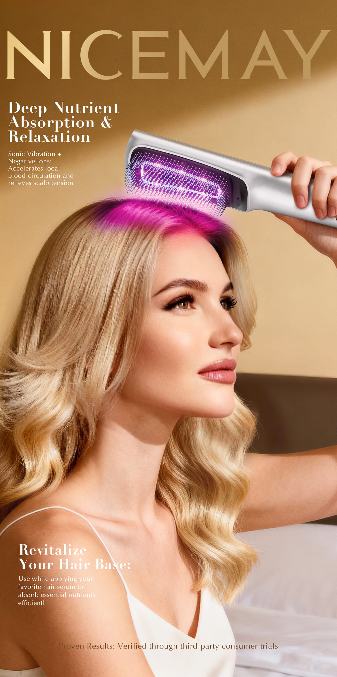 Woman using the NICEMAY MF-2611 sonic vibration and negative ion scalp care comb.
