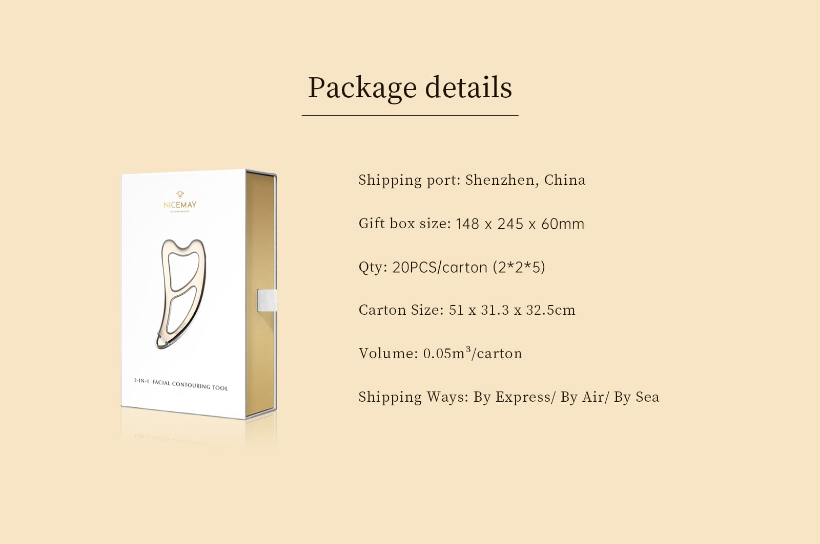 NICEMAY MR-2317 facial sculpting tool packaging image with gift box and shipping details.