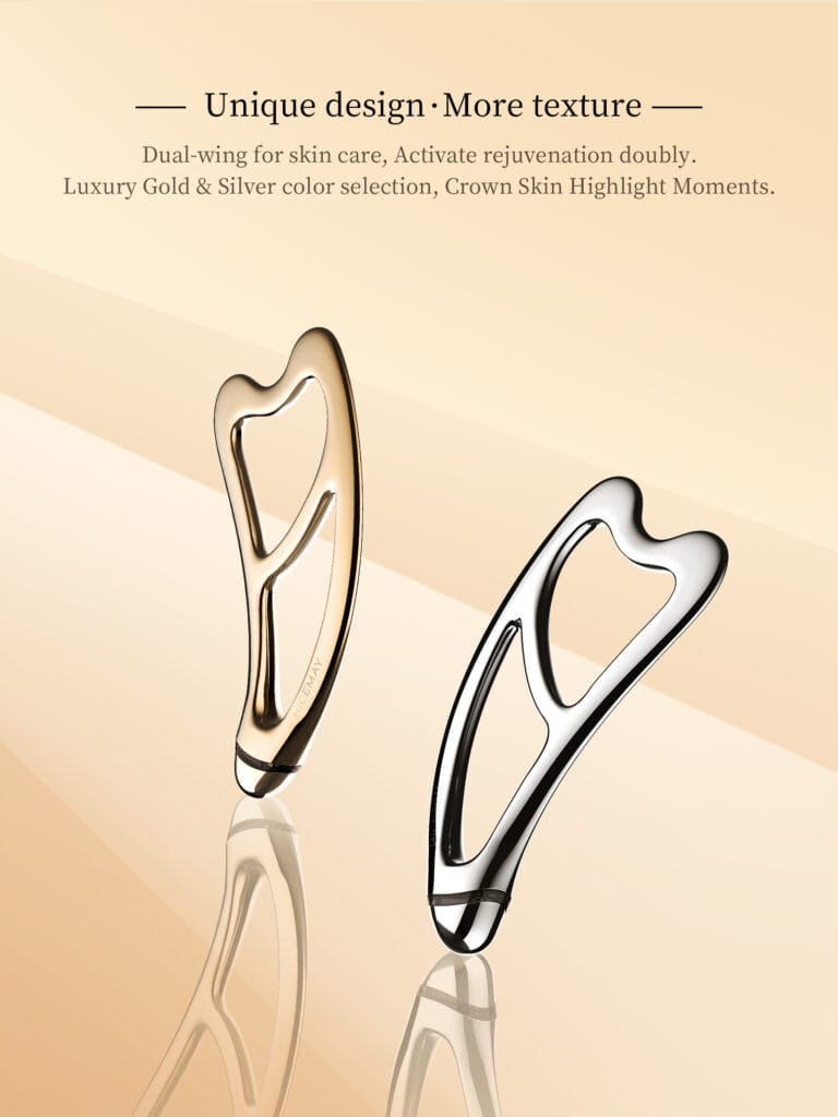 Gold and silver NICEMAY MR-2317 dual-wing facial sculpting tools on a warm neutral background.
