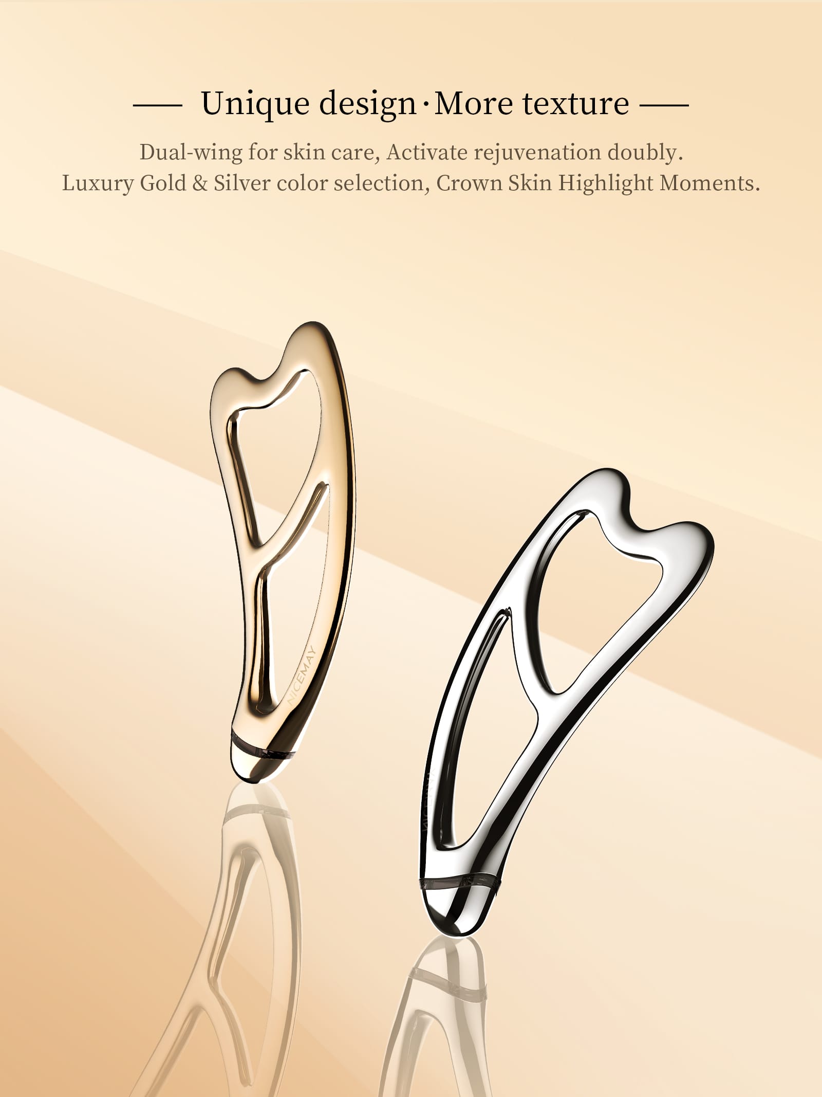 Gold and silver NICEMAY MR-2317 dual-wing facial sculpting tools on a warm neutral background.