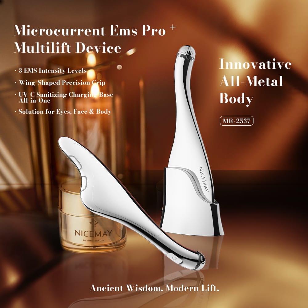 NICEMAY MR-2537 microcurrent EMS Pro+ Multilift Device with a wing-shaped precision grip and charging base.