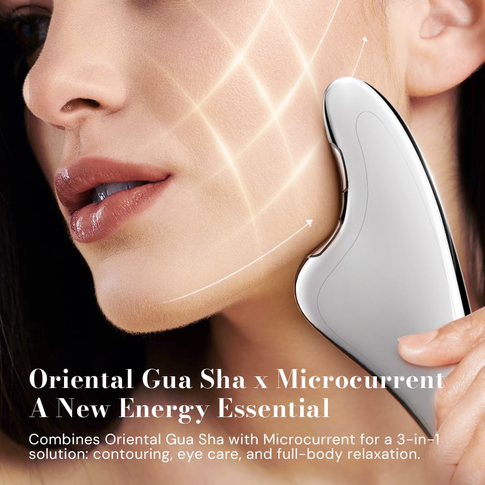 Woman using the NICEMAY MR-2537 microcurrent gua sha device along the cheek and jawline.