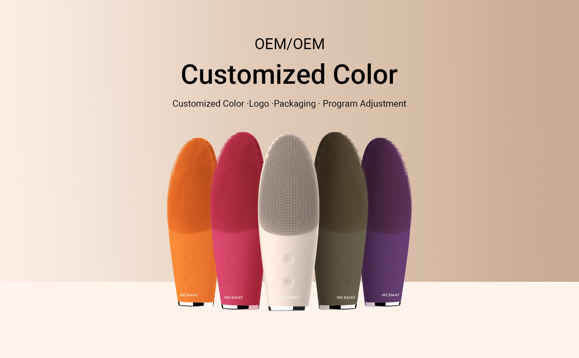 NICEMAY MR-2565 silicone facial brushes in custom color options for OEM and ODM projects.