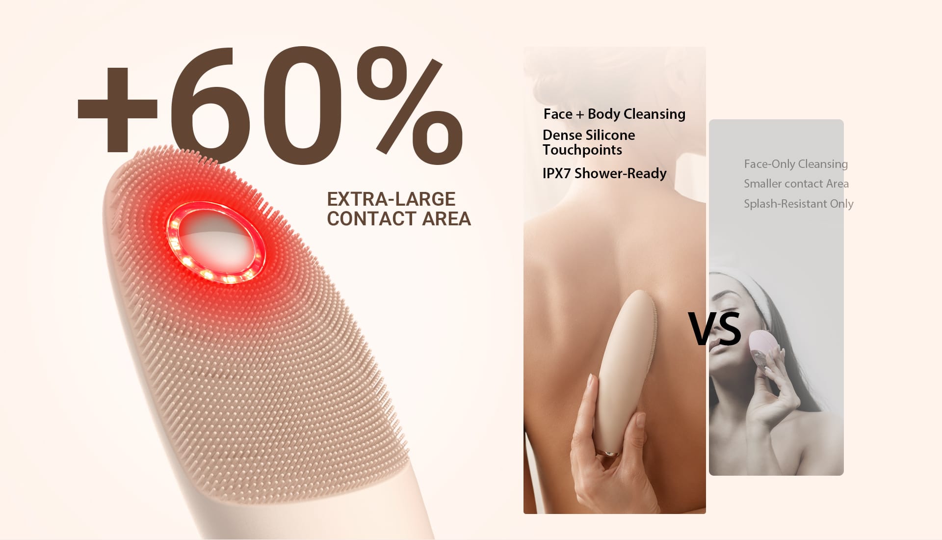 NICEMAY MR-2575 extra-large silicone brush contact area for face and body cleansing.