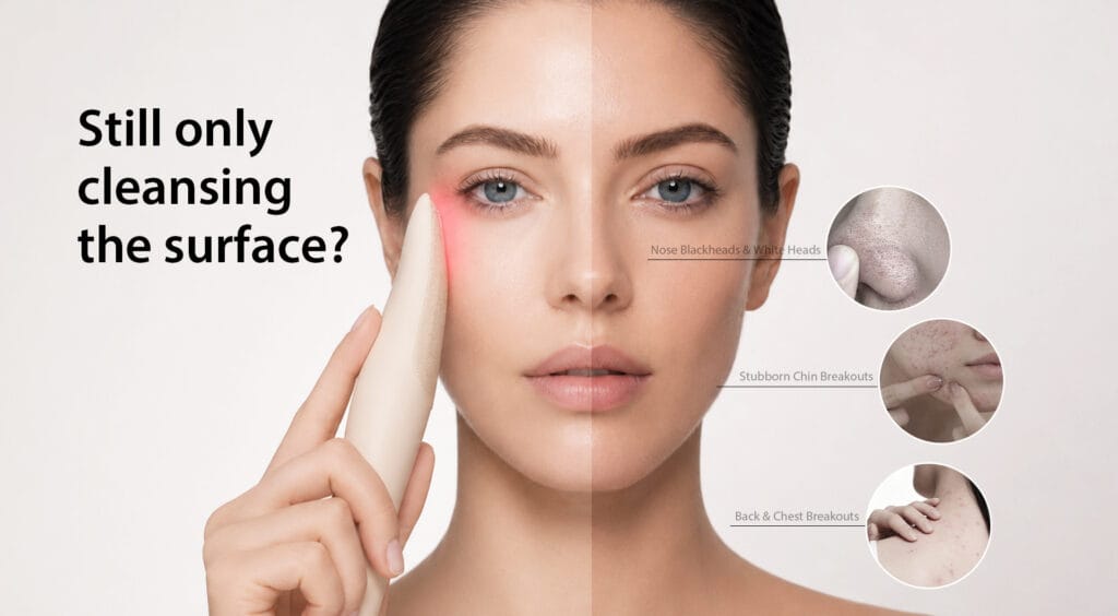 Woman using the NICEMAY MR-2575 silicone brush with face and body cleansing illustrations.
