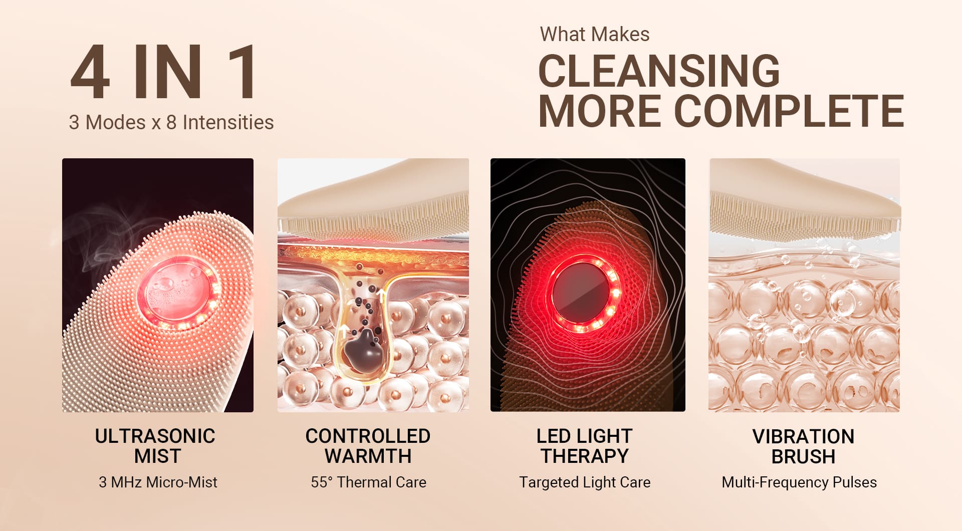 NICEMAY MR-2575 four-in-one silicone brush showing ultrasonic mist, warmth, LED light, and vibration functions.