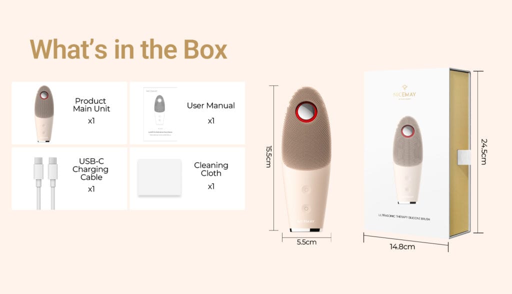 NICEMAY MR-2575 package contents, brush dimensions, and retail box dimensions.