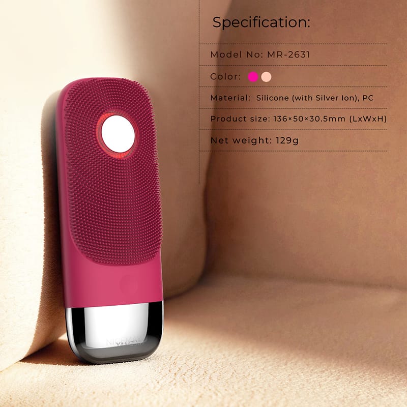 Nicemay MR-2631 pink silicone facial cleansing brush specifications and dimensions.