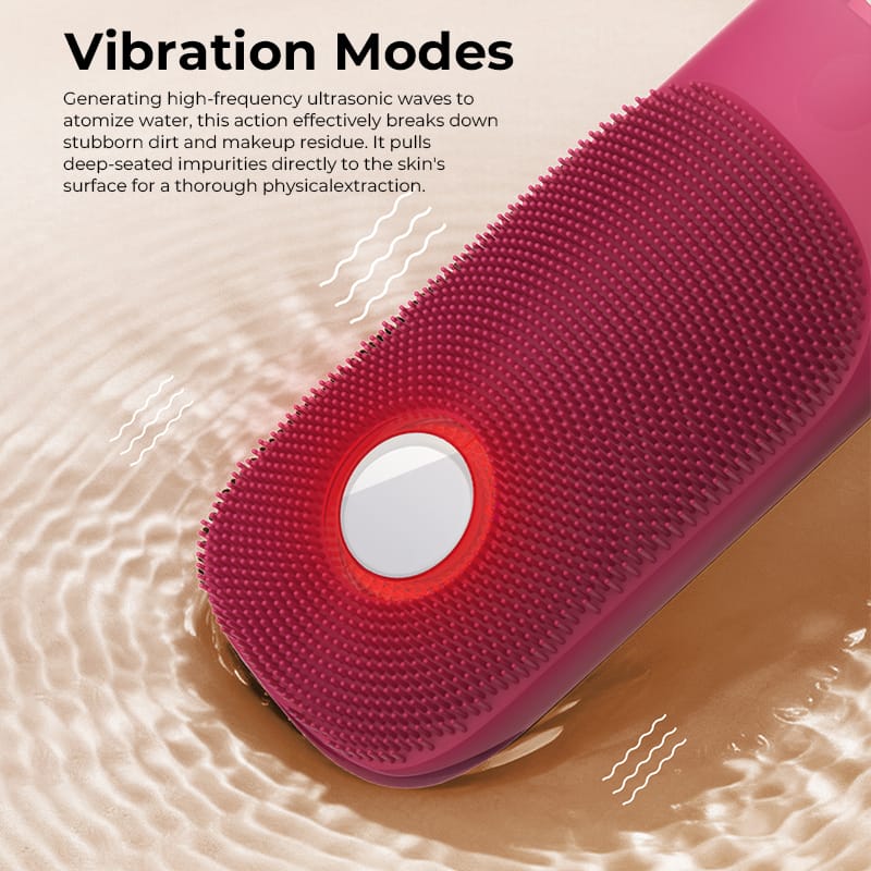 Nicemay MR-2631 facial cleansing brush detail showing its vibration mode and silicone bristles.