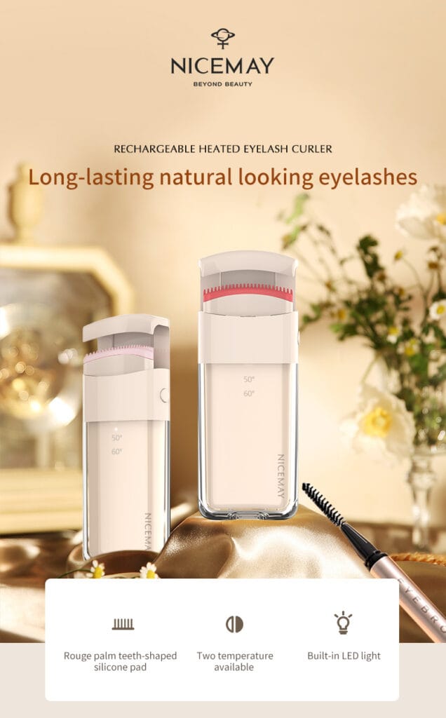 NICEMAY heated eyelash curler with silicone lash pad, thermochromic temperature indicator, built-in LED light, and Type-C charging, product image 1