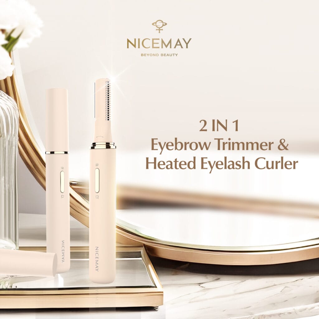 NICEMAY 2-in-1 eyebrow trimmer and heated eyelash curler with arc blade head, comb head, adjustable angle, and Type-C charging, product image 1