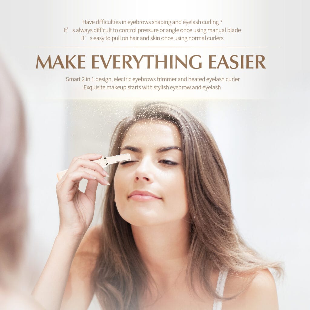 NICEMAY 2-in-1 eyebrow trimmer and heated eyelash curler with arc blade head, comb head, adjustable angle, and Type-C charging, product image 2
