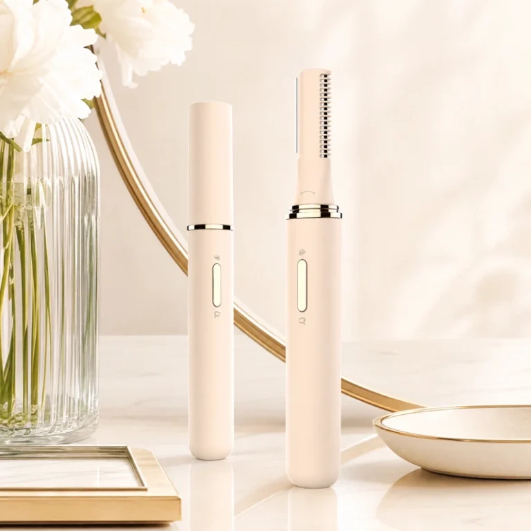 Champagne-beige 2-in-1 eyebrow trimmer and heated eyelash curler displayed on an elegant ivory vanity.