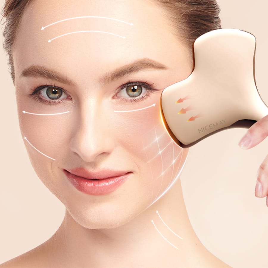 NICEMAY 2338 gua sha massager shown with facial massage motion lines.