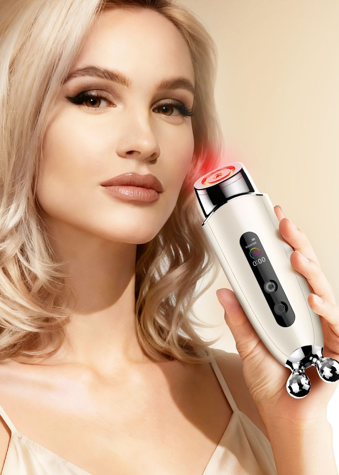 Model holding the NICEMAY 2590 LumiLift Pro facial device in a skincare setting.