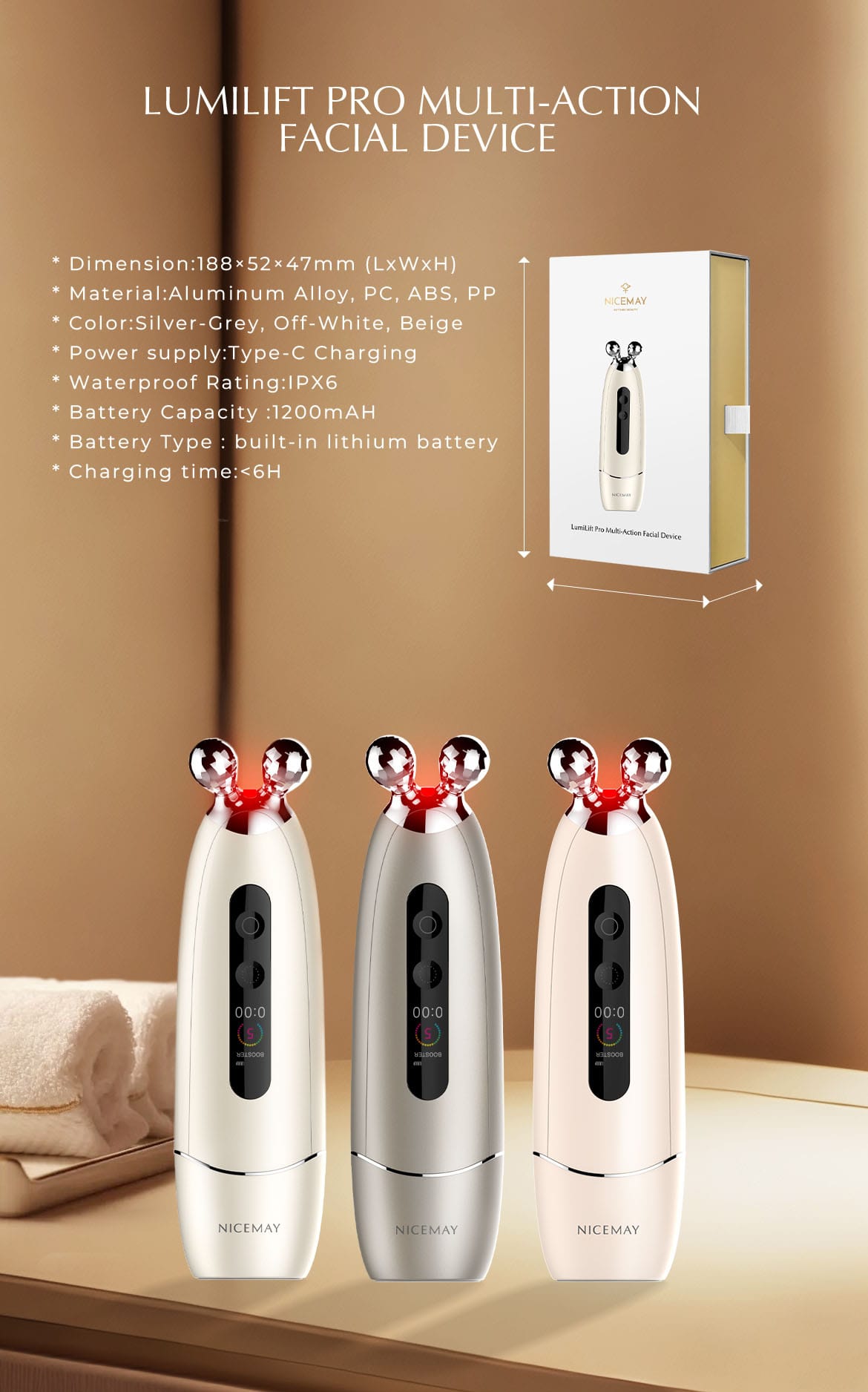 NICEMAY 2590 LumiLift Pro facial device colors, dimensions, charging, and battery specifications.