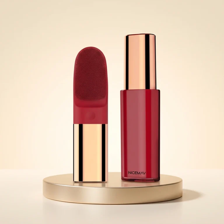 Nicemay red silicone facial cleansing brush and heated eye massager on a champagne pedestal