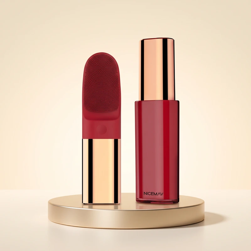 Nicemay red silicone facial cleansing brush and heated eye massager on a champagne pedestal