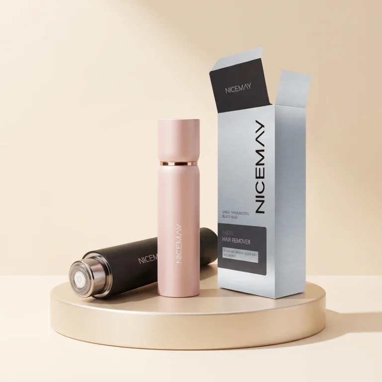 Nicemay blush pink and black facial hair removers with branded retail packaging in a premium studio setting