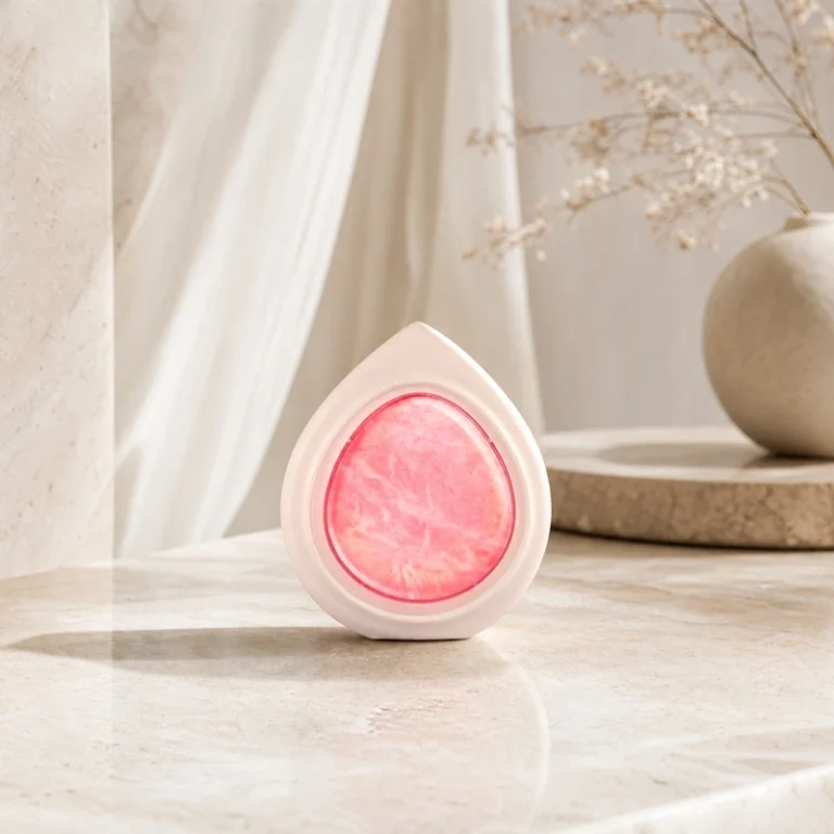 Pale blush-pink natural mineral jade head massager displayed on a beige stone vanity.