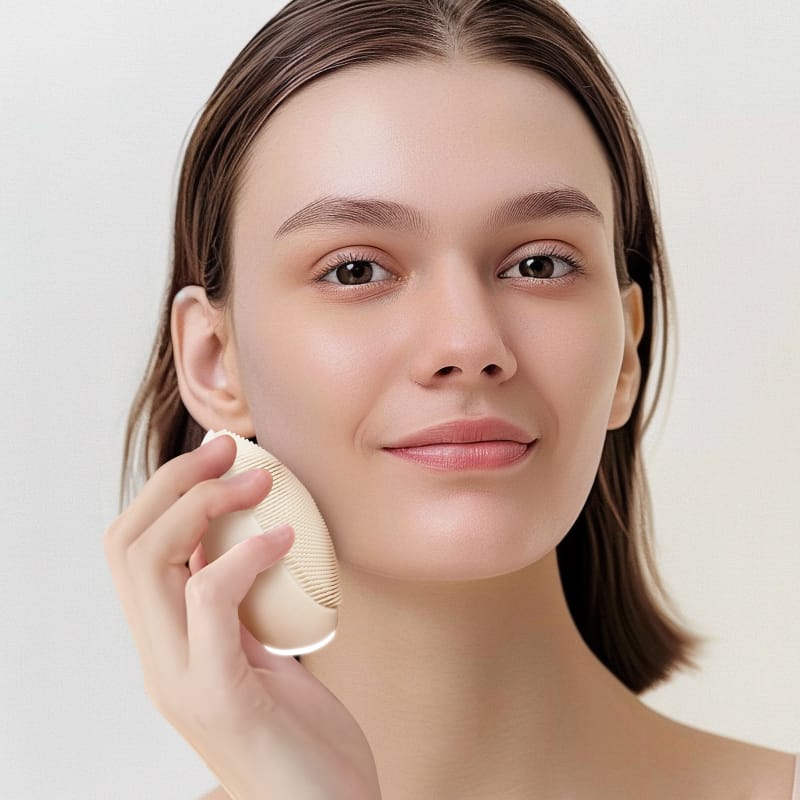 User holding the NICEMAY MR-1969 silicone facial cleansing brush beside the cheek.