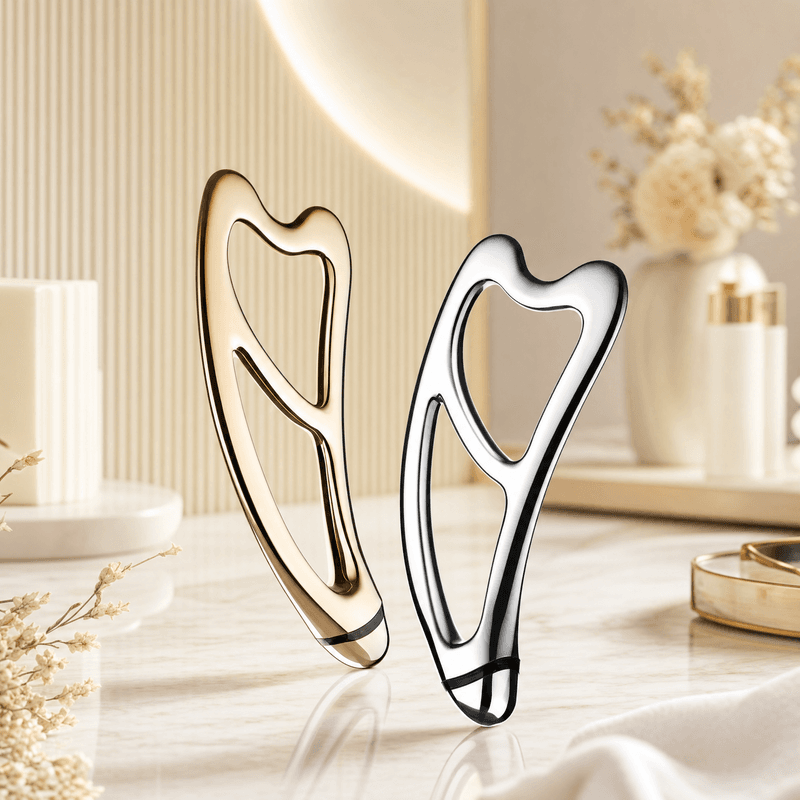 Champagne-gold and silver MR-2317 facial sculpting tools displayed on a luxury vanity.