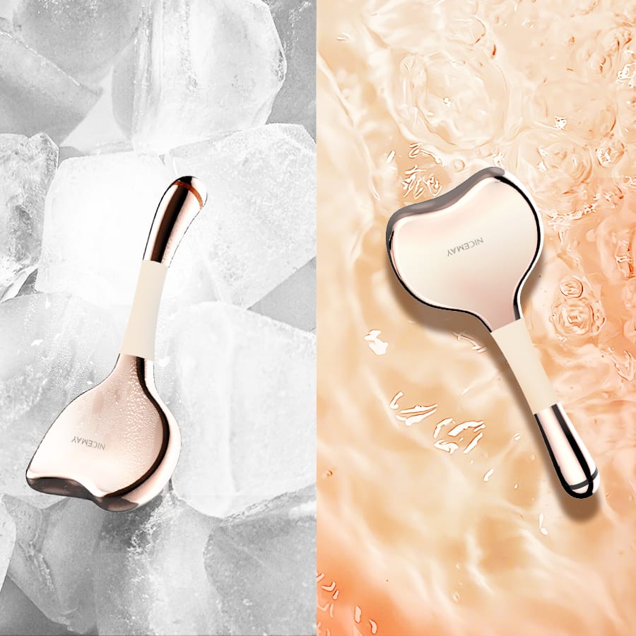 NICEMAY MR-2389 curved facial massage stick shown in cold and warm settings.