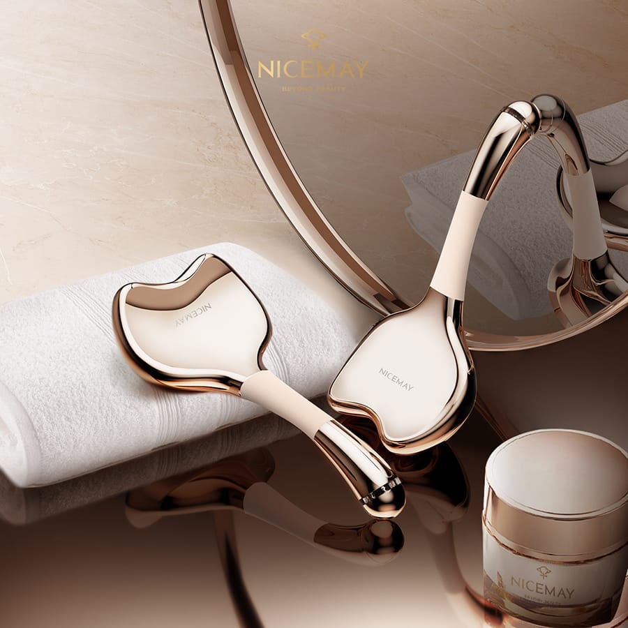 NICEMAY MR-2389 facial massage device displayed with a cosmetic jar and mirror.