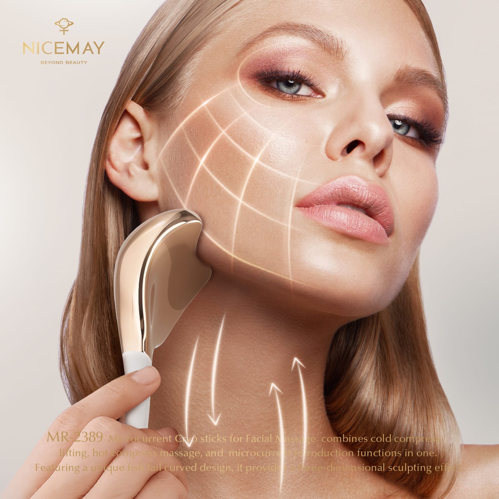 User applying the NICEMAY MR-2389 facial massage stick along the cheek and neck.