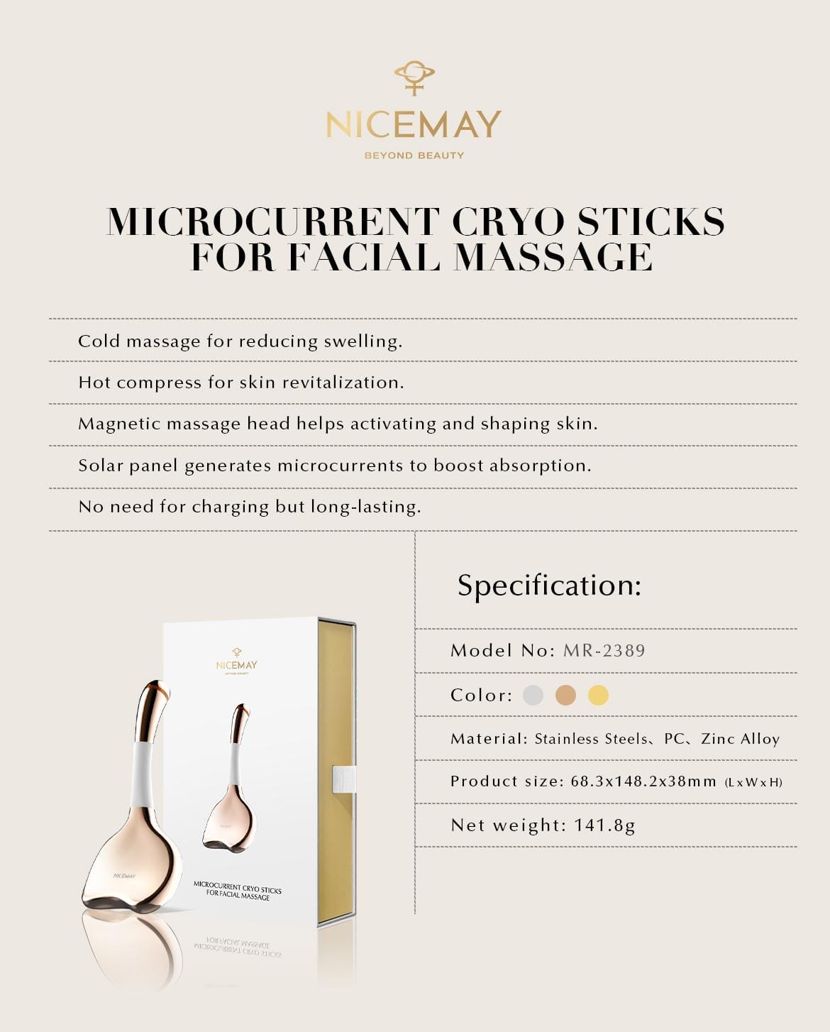 NICEMAY MR-2389 microcurrent cryo facial massage stick specification poster.