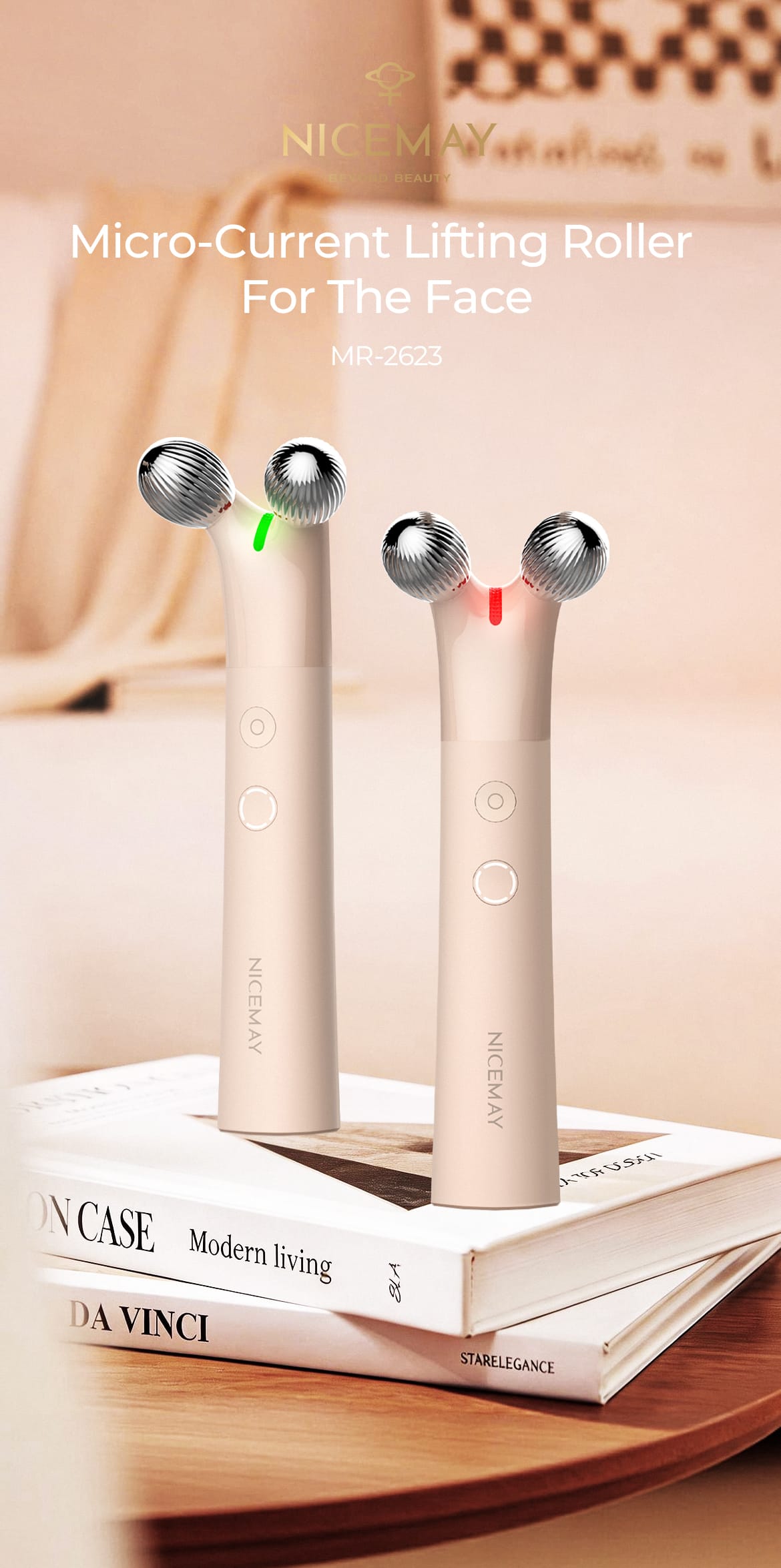 NICEMAY MR-2623 micro-current facial roller used beside the eye and cheek
