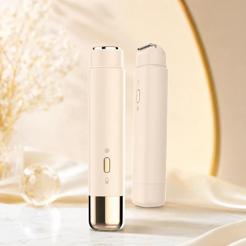 Nicemay multifunctional electric hair trimmer with dual blade heads in a warm ivory product setting.