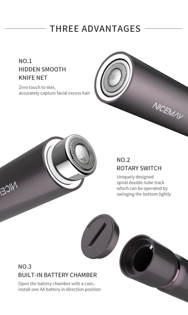 NICEMAY QM-1786 facial hair remover showing hidden knife net and rotary switch design.