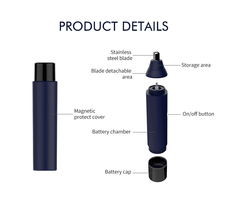 NICEMAY QM-1905 trimmer product details with blade, cover, button, and battery parts.